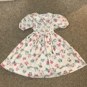 Vtg Plum pudding Ltd cream floral Peter Pan button up front puff sleeve dress 12